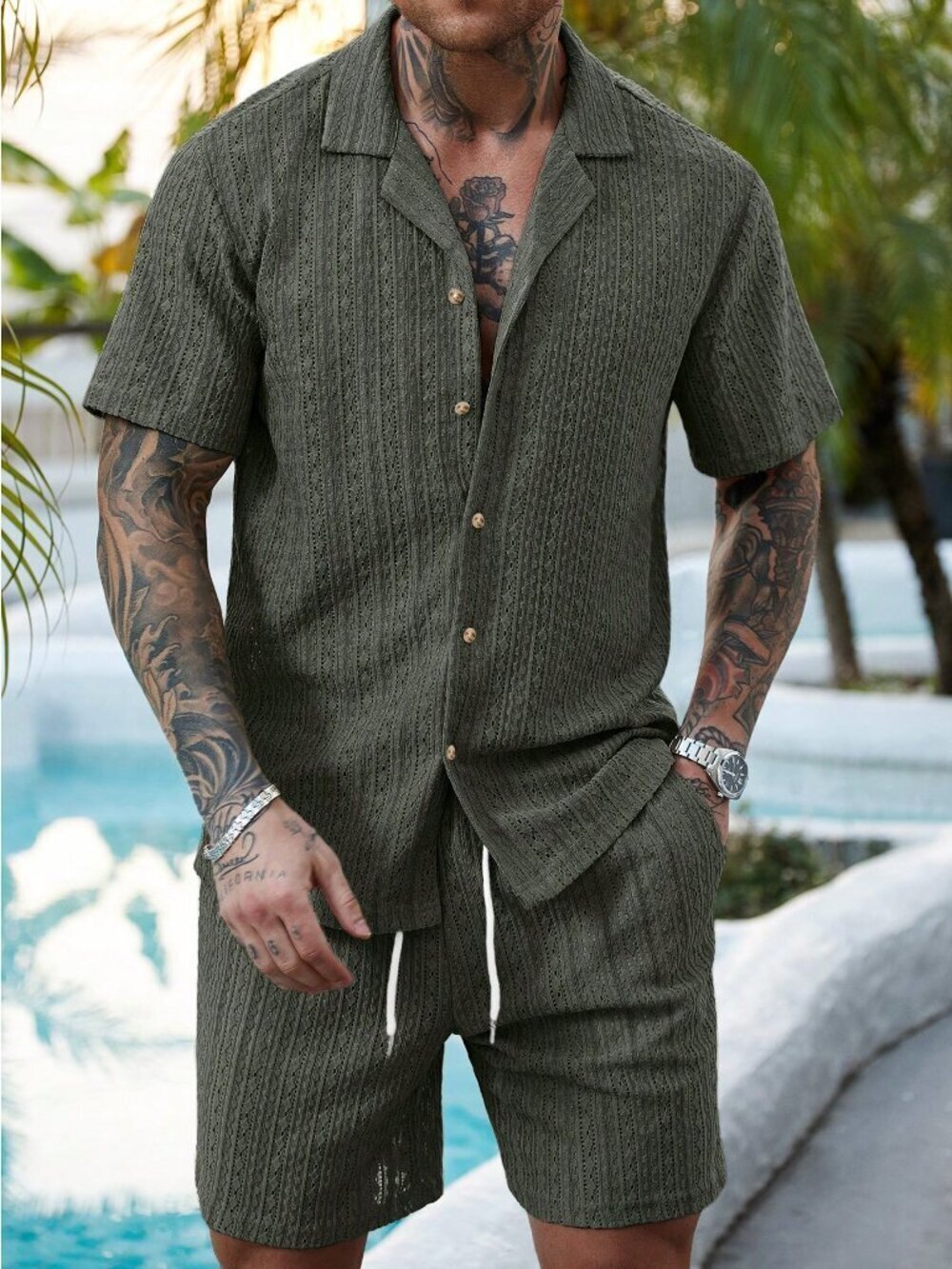 Army Green Button-Down Men's Shirt and Shorts Set - Picture 4 of 6
